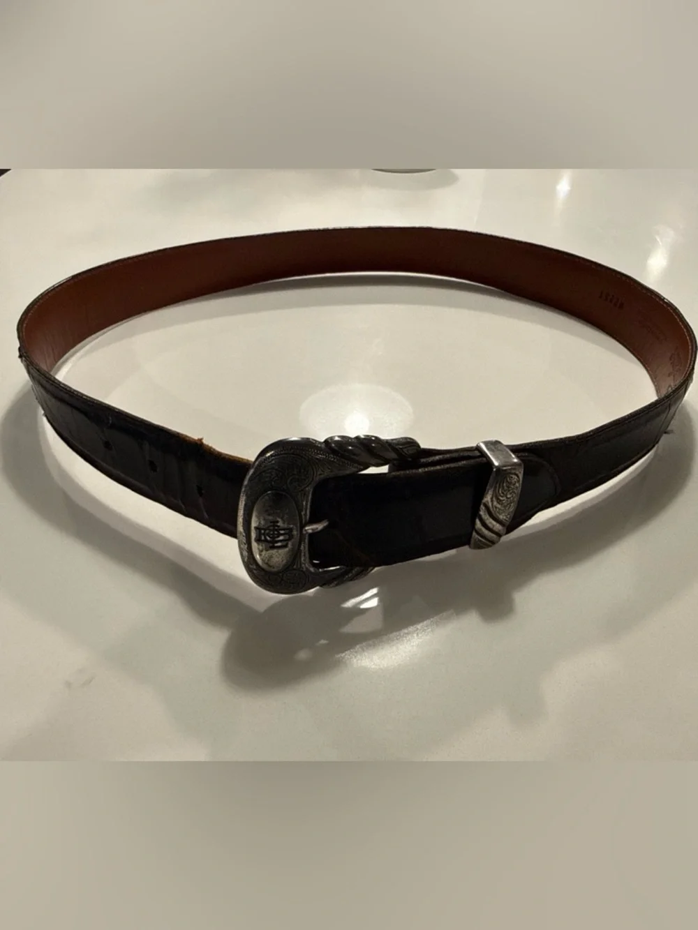 Vintage Lucchese Handcrafted Leather Western Belt w/Engraved Buckle Set USA Sz36